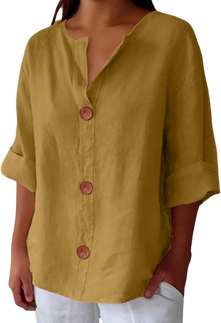 Maira – Chemise en Coton-Lin à Col V avec Boutons en Bois