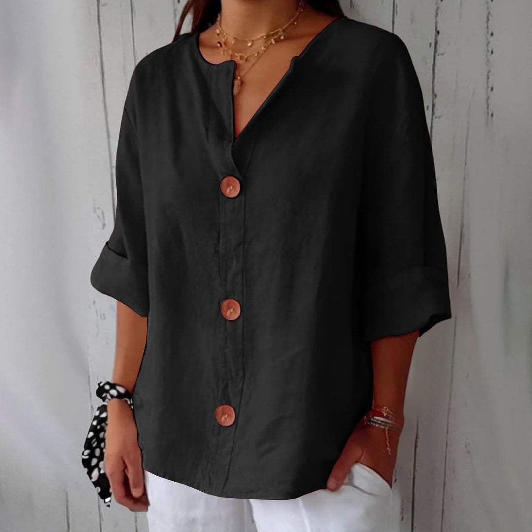 Maira – Chemise en Coton-Lin à Col V avec Boutons en Bois