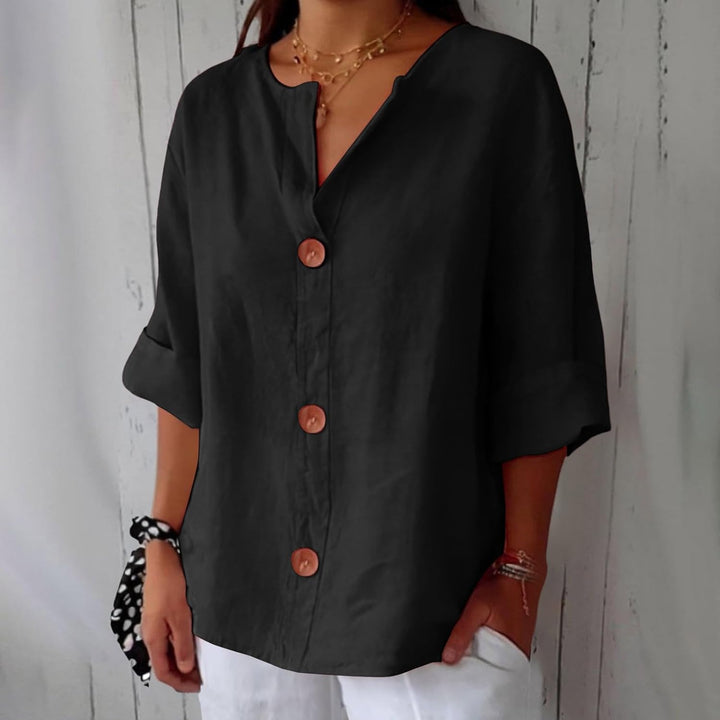 Maira – Chemise en Coton-Lin à Col V avec Boutons en Bois