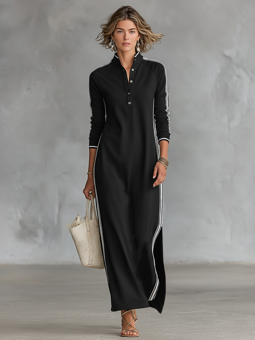 Robe Maxi Sweat-shirt Femme avec Col Boutonné et Détails Blancs