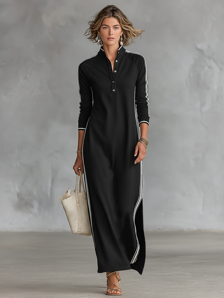Robe Maxi Sweat-shirt Femme avec Col Boutonné et Détails Blancs