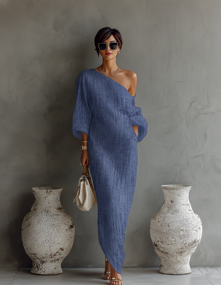 Robe Élegante Fluide Blanche Ivoire à Épaules Dénudées