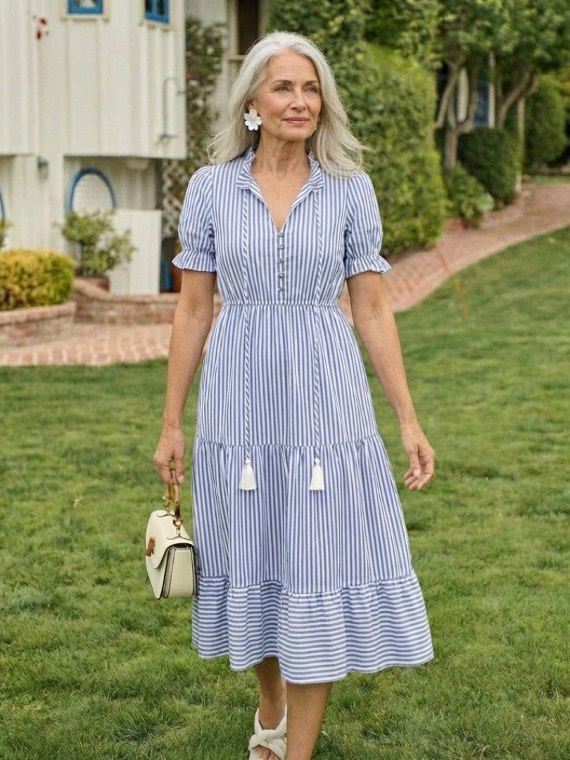 Glady - Robe Midi Rayée à Manches Courtes