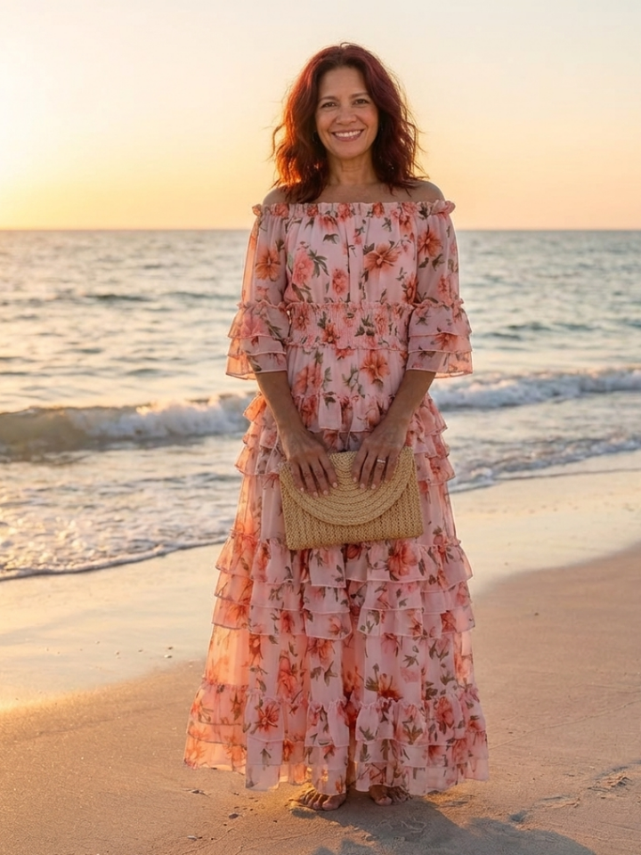 Sally - Robe Maxi à Volants Fleurie Off-Shoulder