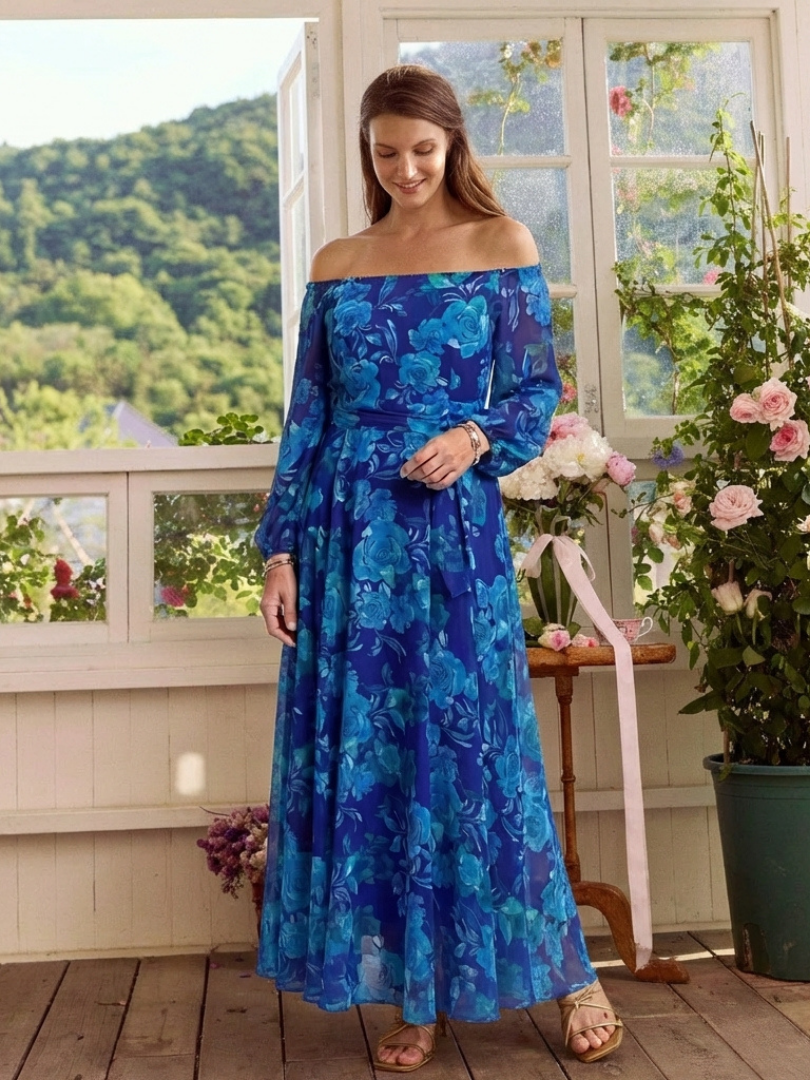 Pénélope - Robe Maxi Fleurie à Epaule Dégagée