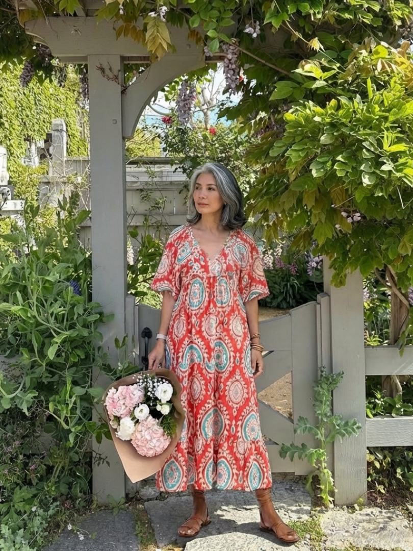 Ria - Robe Midi à Imprimé Paisley avec Encolure en V et Manches Courtes