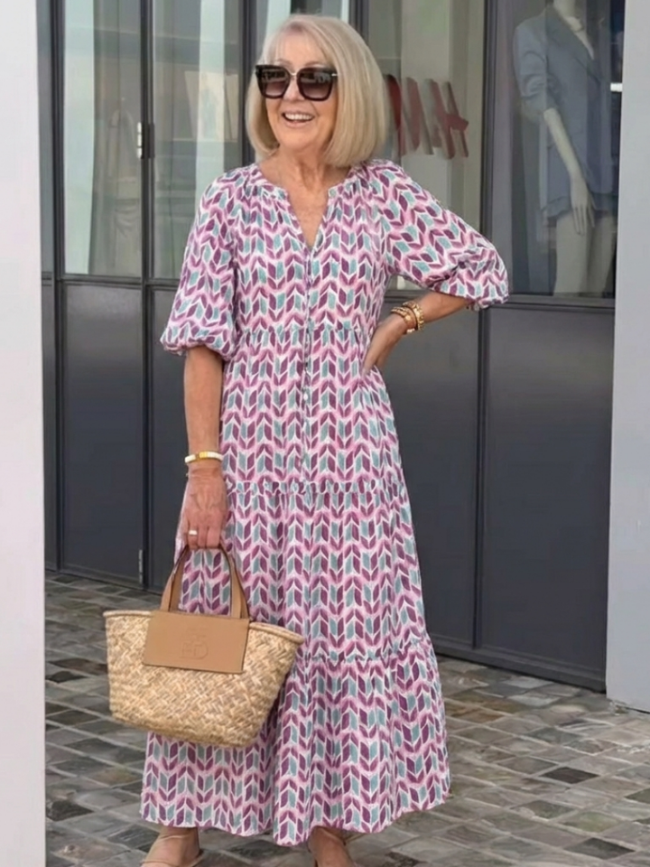 Myra - Robe Midi à Imprimé Géométrique à Manches Longues