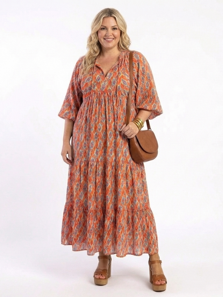 Mauie - Robe Midi V-Neck à Imprimé Géométrique