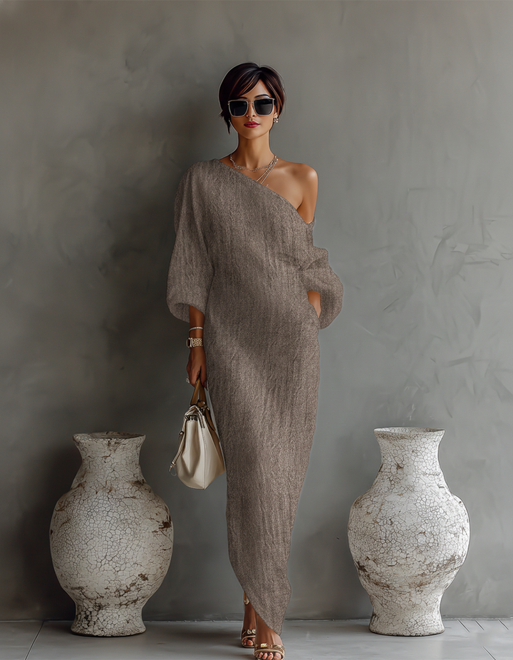 Robe Élegante Fluide Blanche Ivoire à Épaules Dénudées