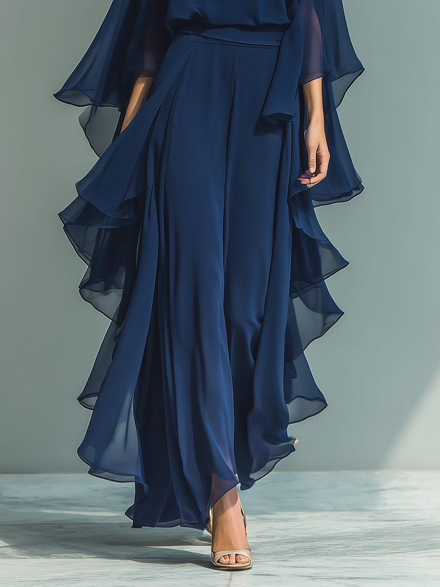 Ensemble Top Bleu Marine avec Manches Évasées et Pantalons Droits avec Détails Ruchés