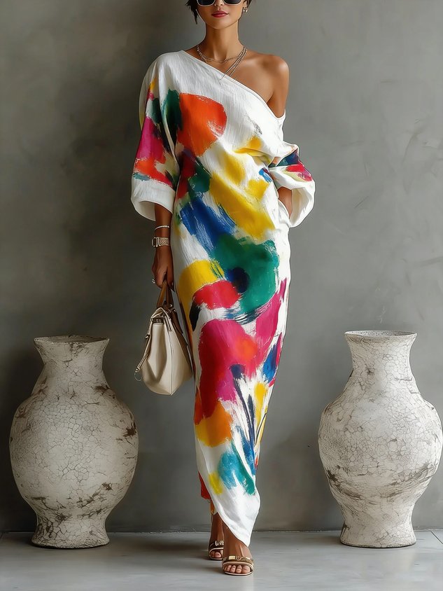 Jinella - Robe Maxi Imprimé Abstrait à Une Épaule