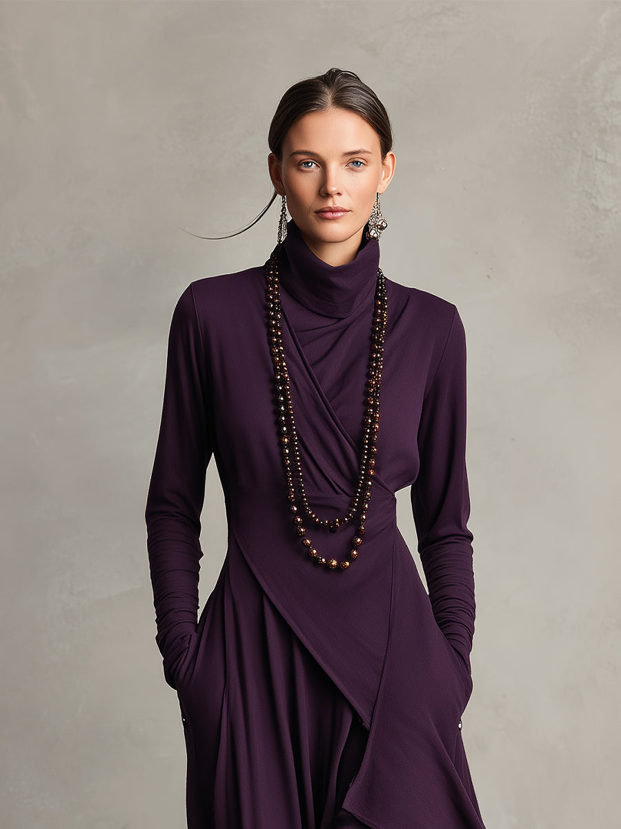 Carrie – Robe maxi en tricot asymétrique avec col roulé