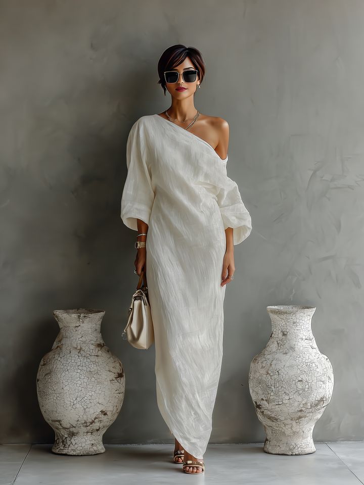 Robe Élegante Fluide Blanche Ivoire à Épaules Dénudées