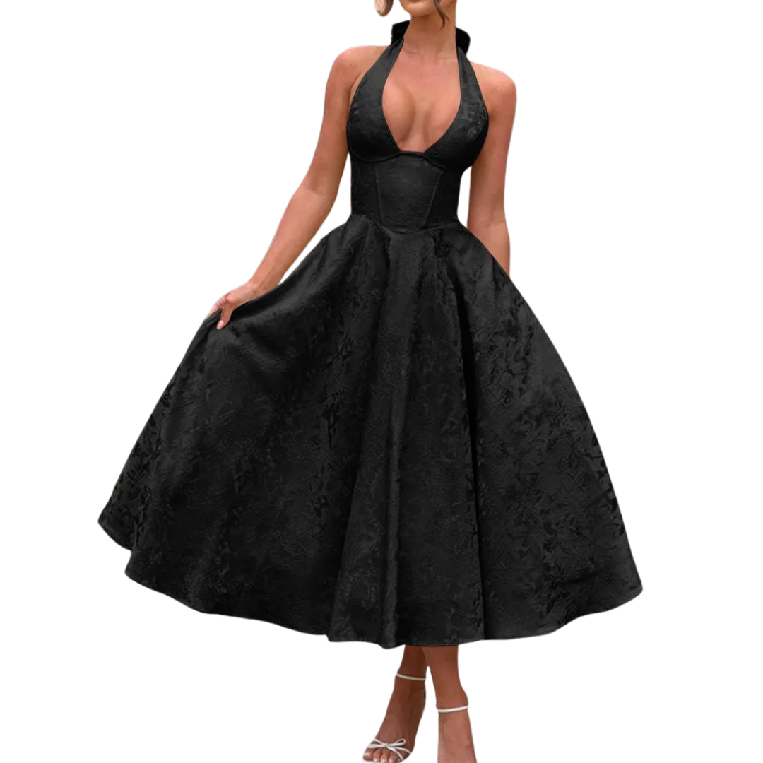 Loraine - Robe de soirée à encolure en V et halter brodée
