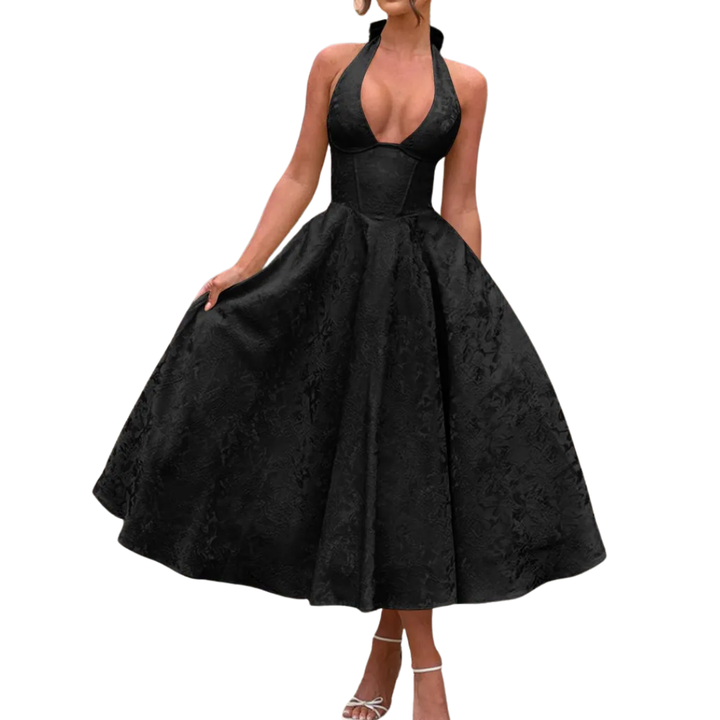 Loraine - Robe de soirée à encolure en V et halter brodée