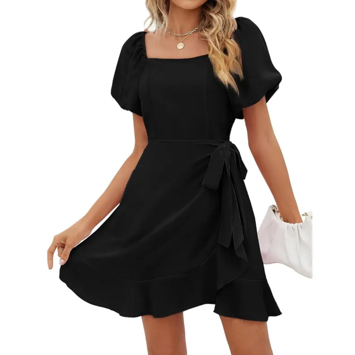 Jonalie - Robe d'été à encolure carrée et manches bouffantes avec ceinture