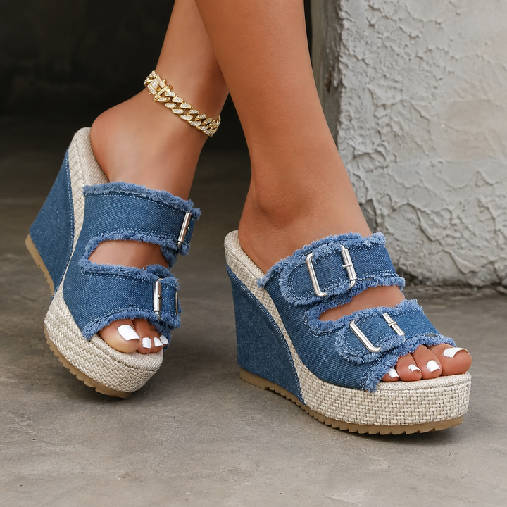 Zoya - Sandales à Talon Wedge avec Bord Effiloché et Confort Moderne