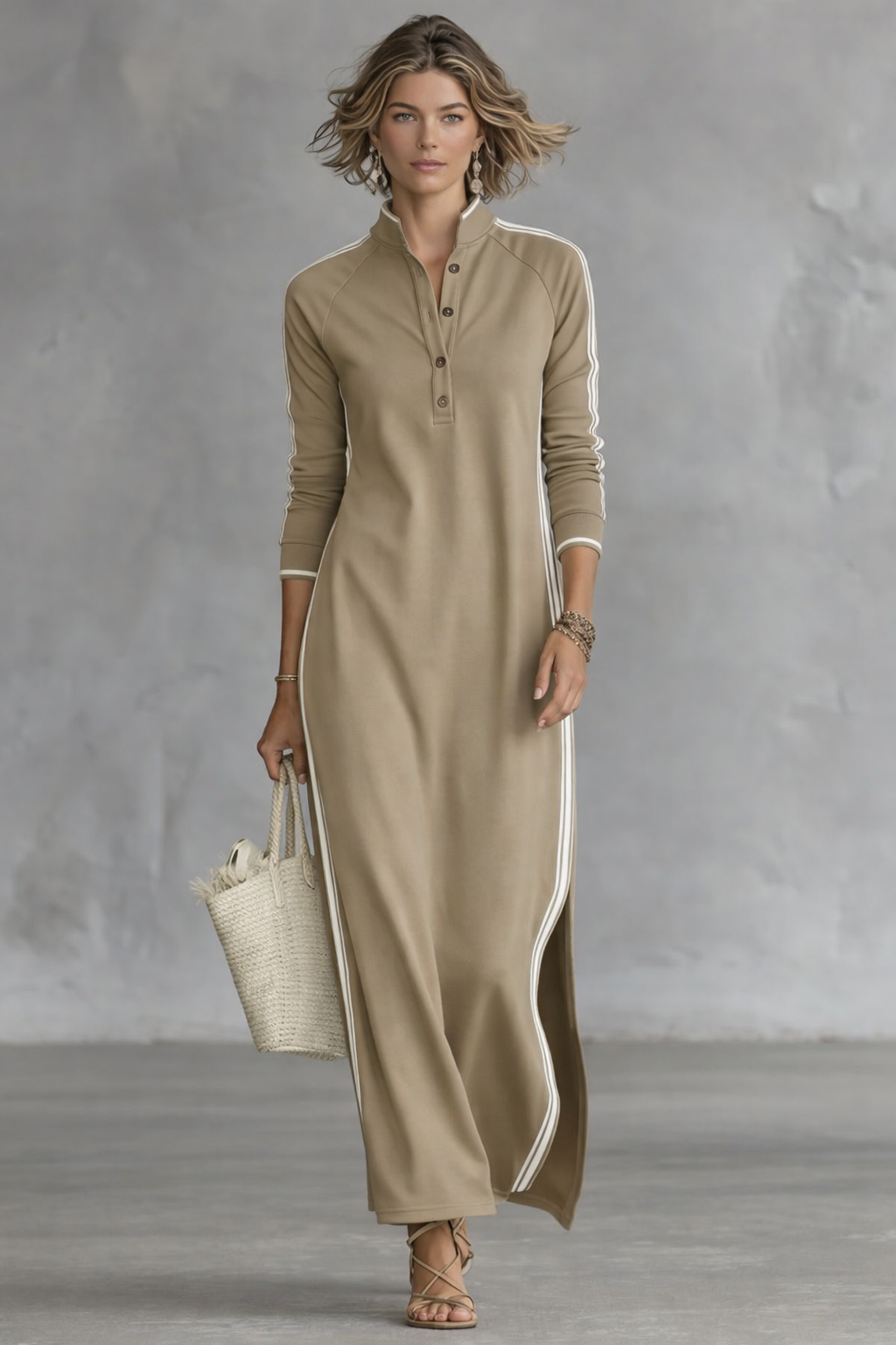 Robe Maxi Sweat-shirt Femme avec Col Boutonné et Détails Blancs