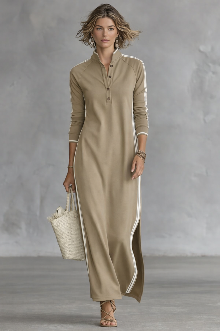 Robe Maxi Sweat-shirt Femme avec Col Boutonné et Détails Blancs