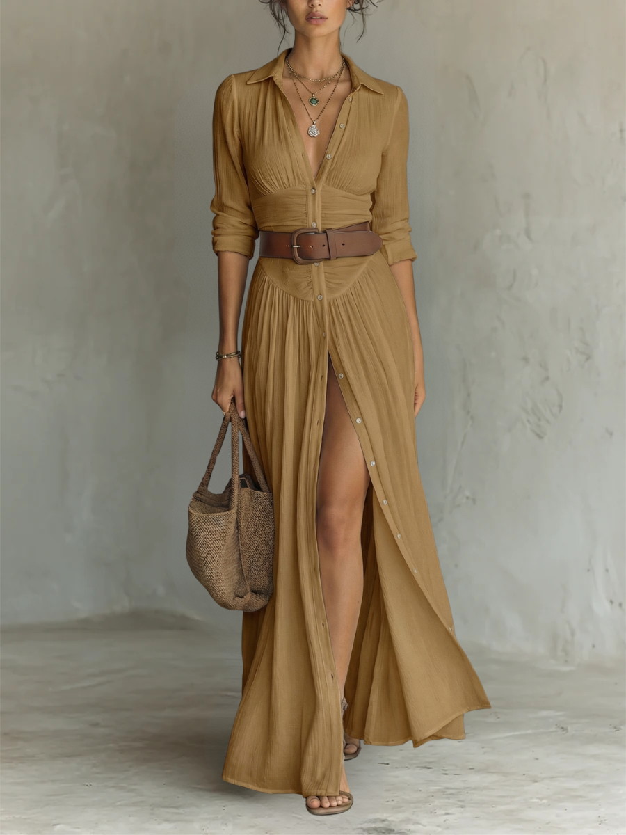 Paula - Robe Maxi Longue avec Col Noté