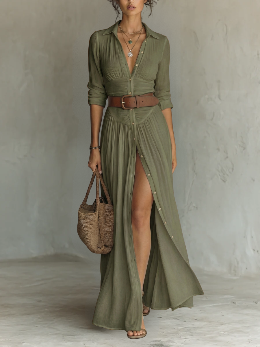 Paula - Robe Maxi Longue avec Col Noté