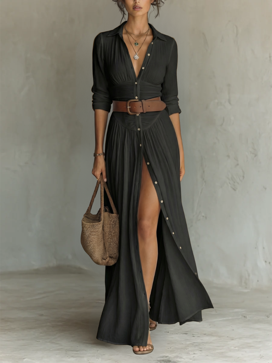 Paula - Robe Maxi Longue avec Col Noté