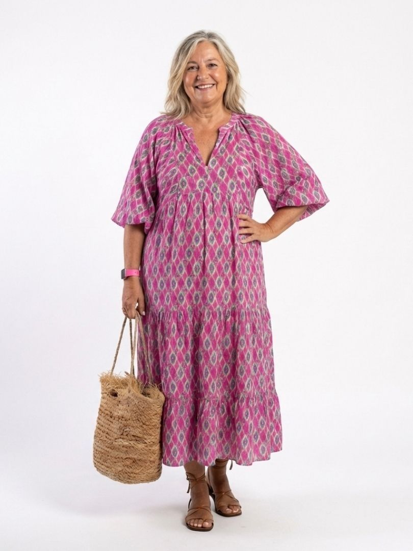 Pauline - Robe Midi à Manches Trois Quarts et Col V