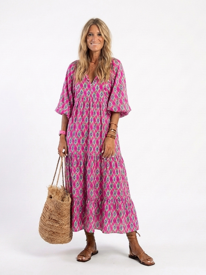 Pauline - Robe Midi à Manches Trois Quarts et Col V