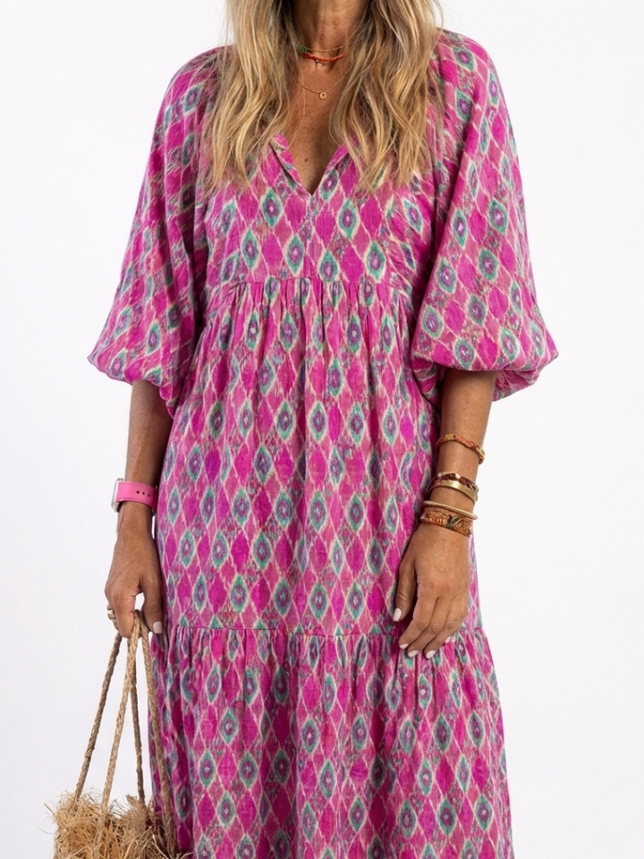 Pauline - Robe Midi à Manches Trois Quarts et Col V