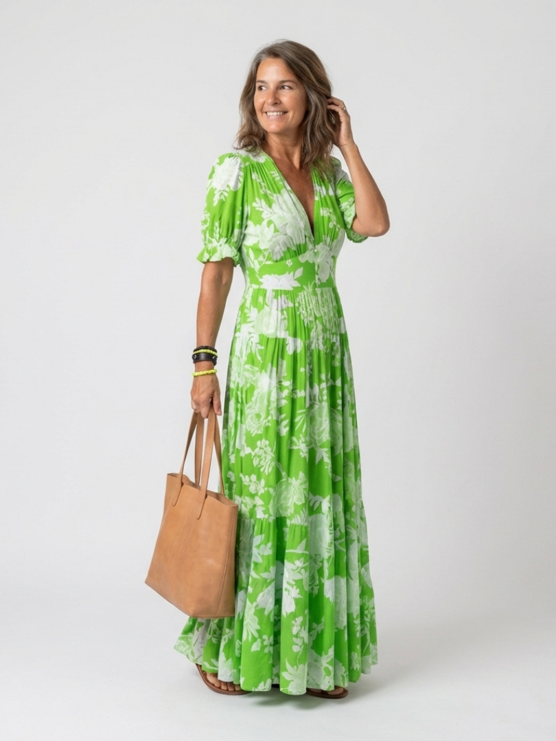 Lana - Robe Midi Fleurie Sans Manches à Col V