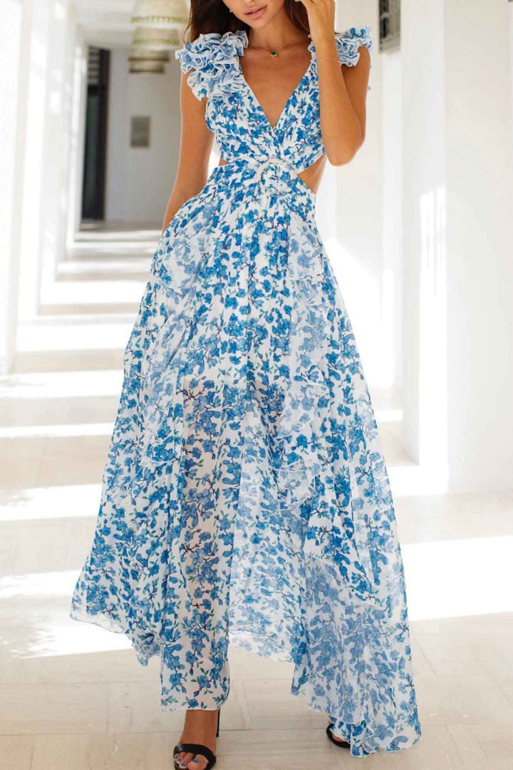 Cerise – Robe Maxi Découpée à Manches Volantes
