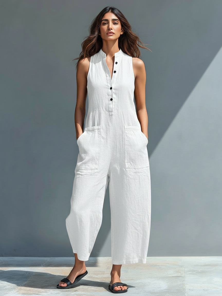 Combinaison Minimaliste Sans Manches pour Femmes avec Col Montant et Boutons