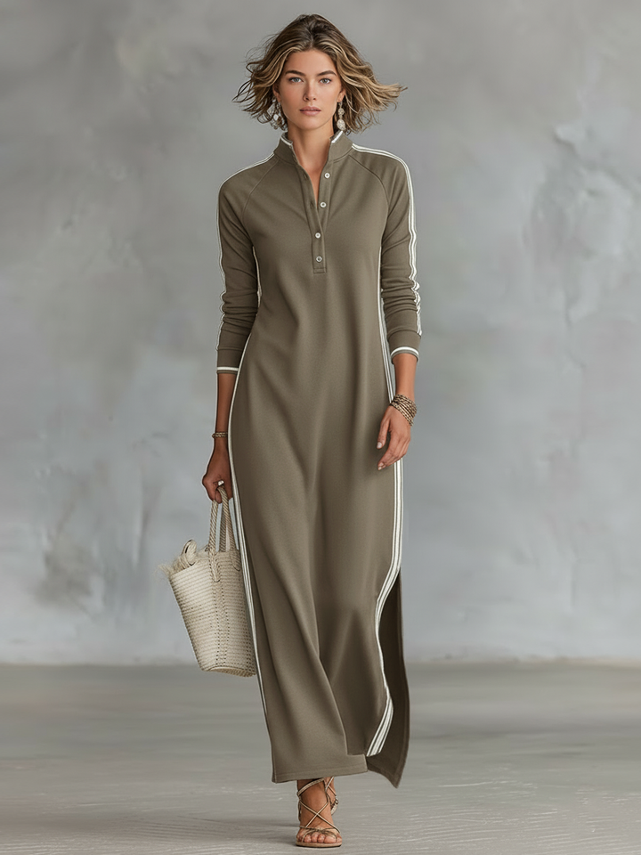 Robe Maxi Sweat-shirt Femme avec Col Boutonné et Détails Blancs