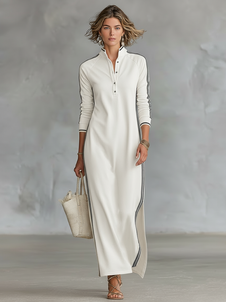Robe Maxi Sweat-shirt Femme avec Col Boutonné et Détails Blancs