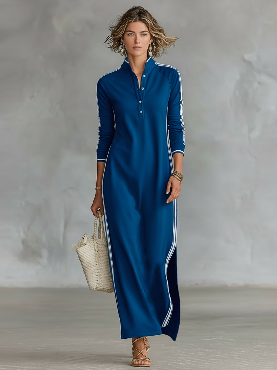 Robe Maxi Sweat-shirt Femme avec Col Boutonné et Détails Blancs