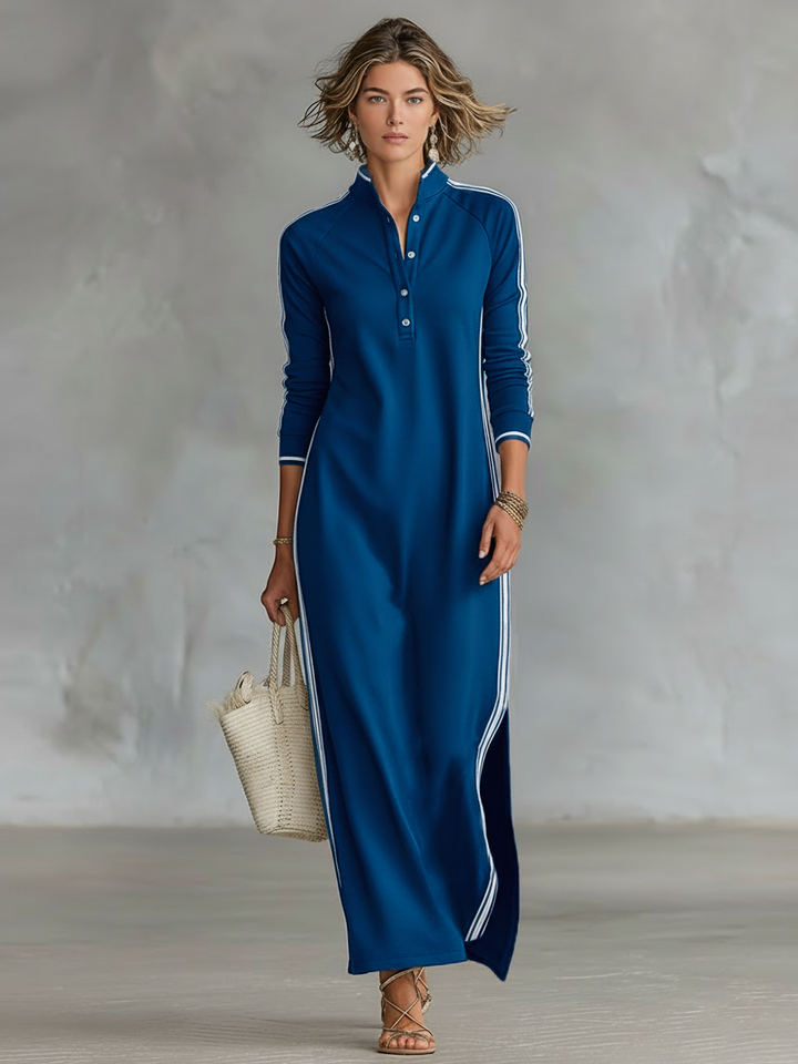 Robe Maxi Sweat-shirt Femme avec Col Boutonné et Détails Blancs