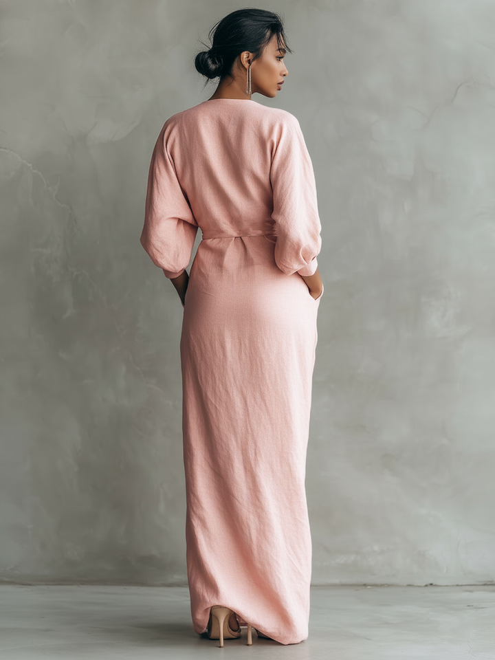Robe Maxi Minimaliste Rose avec Décolleté en V pour Femmes