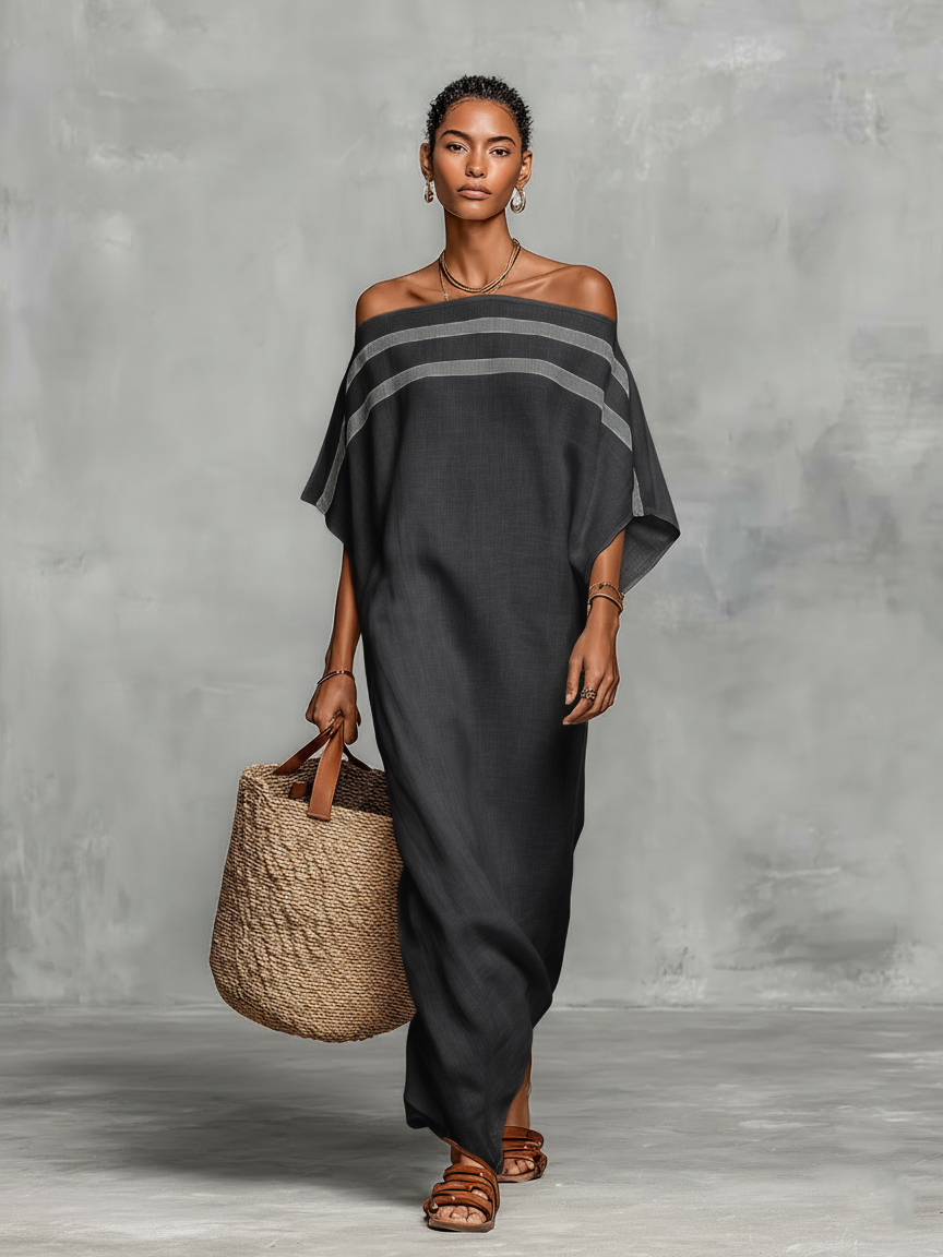 Robe Maxi Minimaliste pour Femmes avec Décolleté Off-the-Shoulder et Manches Chauve-Souris