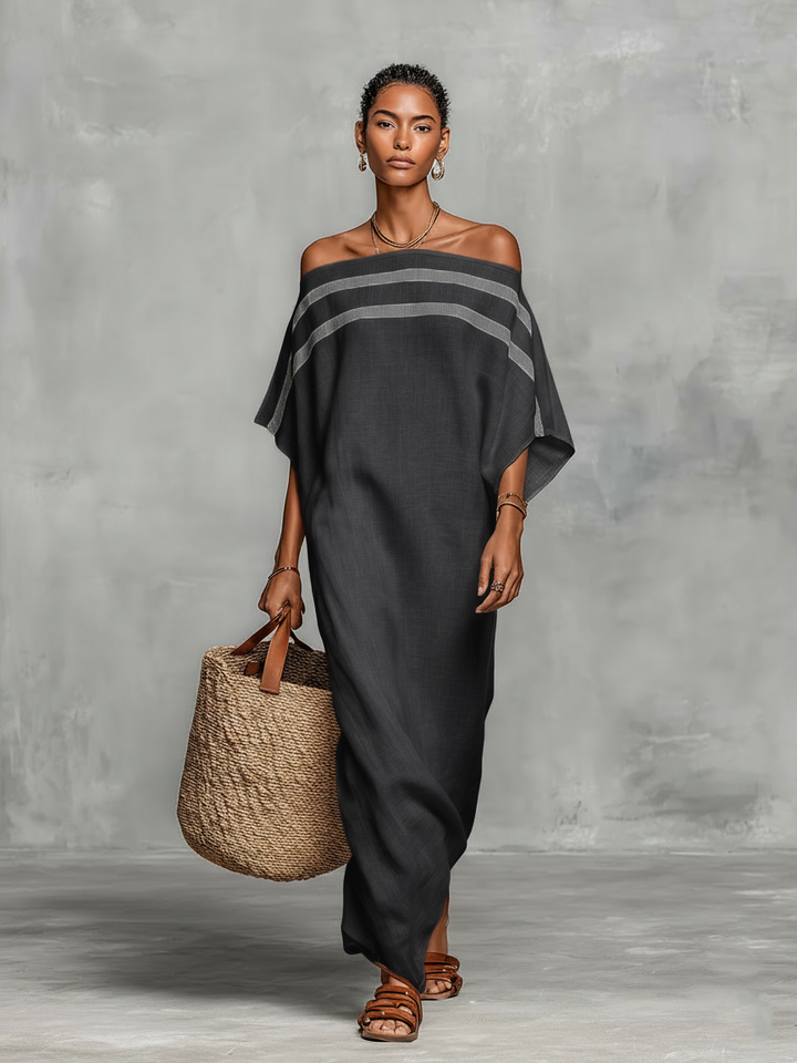 Robe Maxi Minimaliste pour Femmes avec Décolleté Off-the-Shoulder et Manches Chauve-Souris