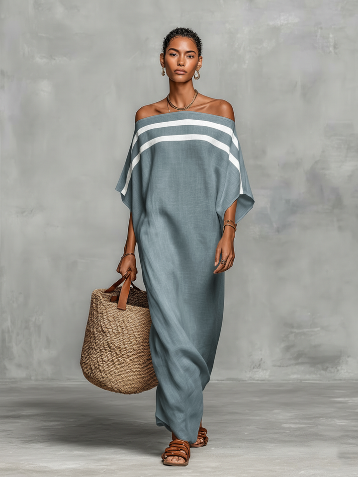 Robe Maxi Minimaliste pour Femmes avec Décolleté Off-the-Shoulder et Manches Chauve-Souris