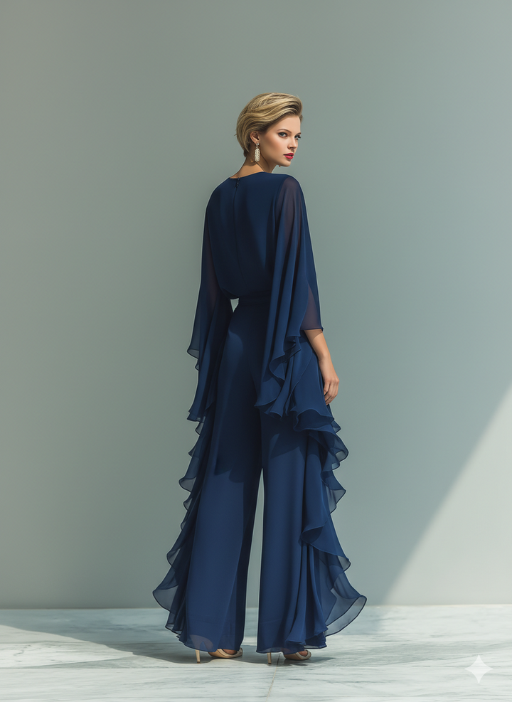 Ensemble Top Bleu Marine avec Manches Évasées et Pantalons Droits avec Détails Ruchés