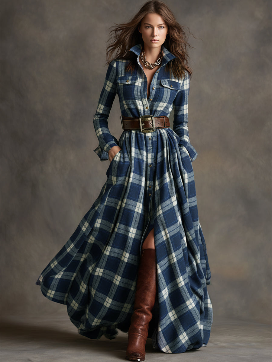Scarlett | Robe Chemise Maxi à Carreaux à Manches Longues avec Ceinture