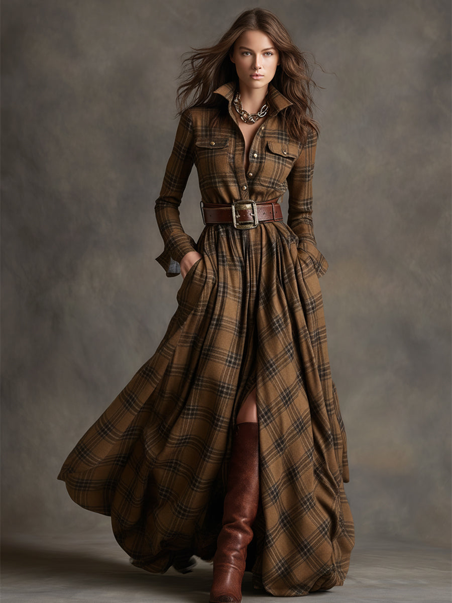 Scarlett | Robe Chemise Maxi à Carreaux à Manches Longues avec Ceinture