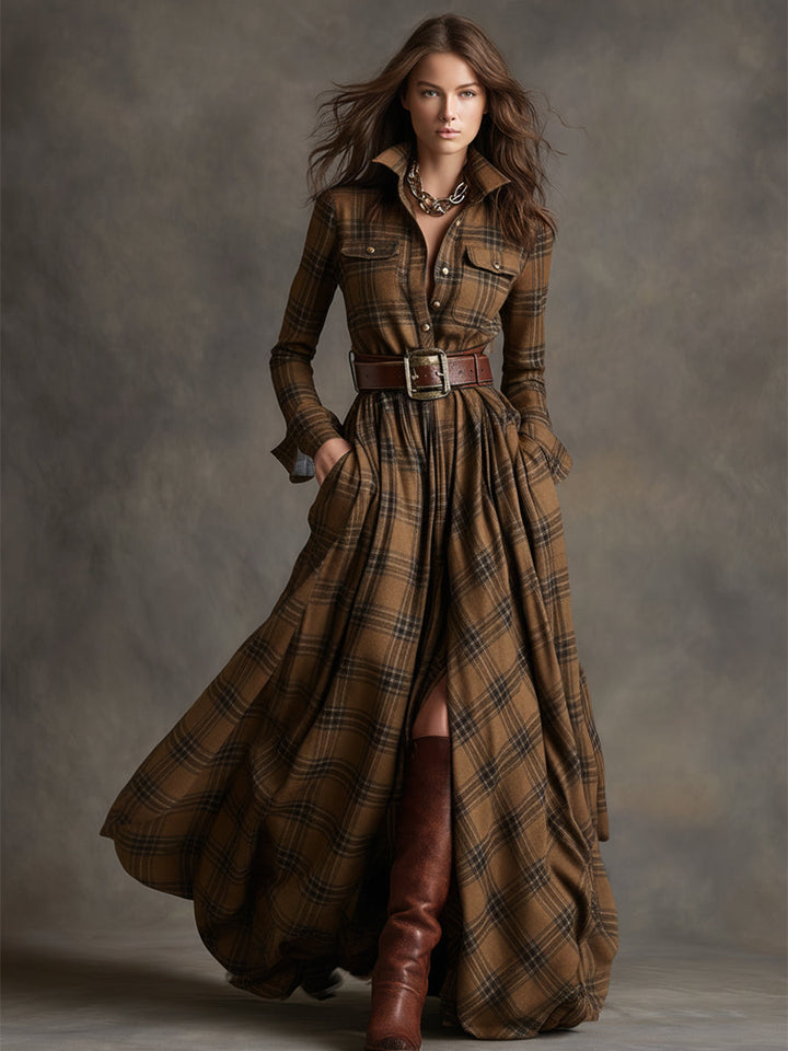 Scarlett | Robe Chemise Maxi à Carreaux à Manches Longues avec Ceinture