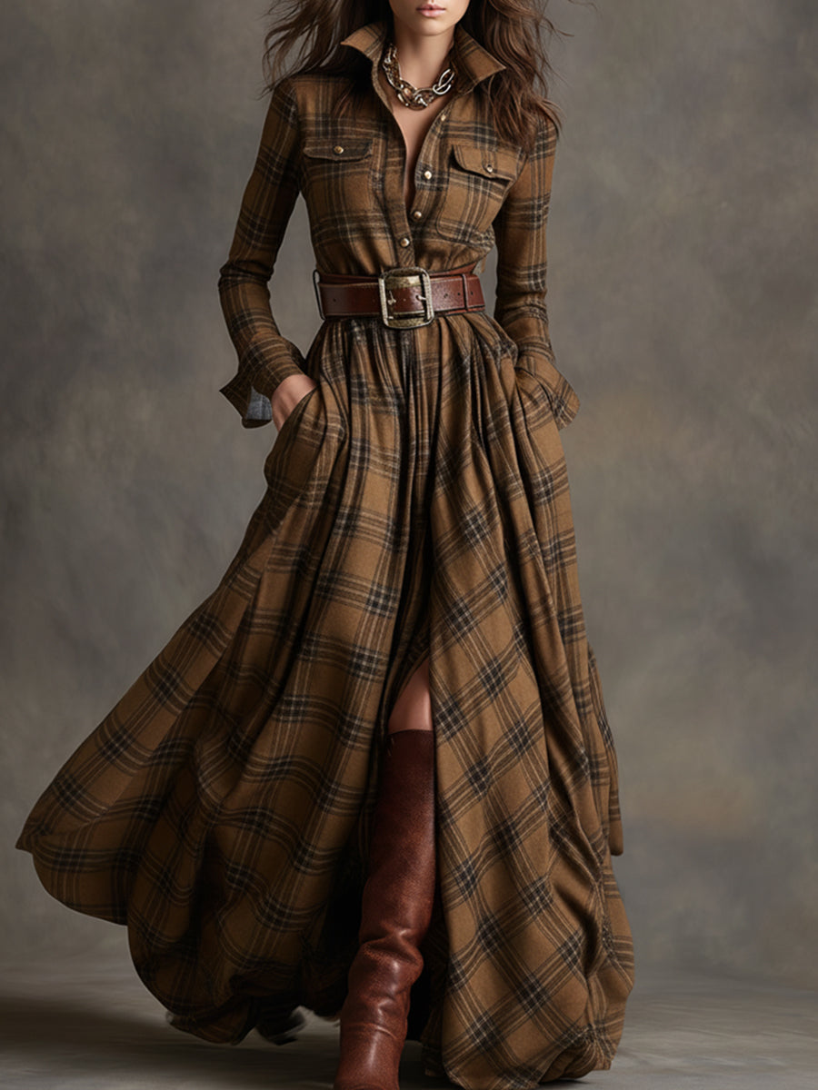 Scarlett | Robe Chemise Maxi à Carreaux à Manches Longues avec Ceinture