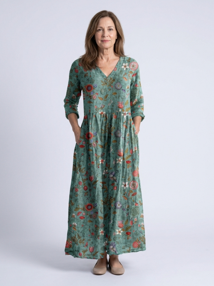 Neri - Robe Maxi à Manches Longues et Col V Floral