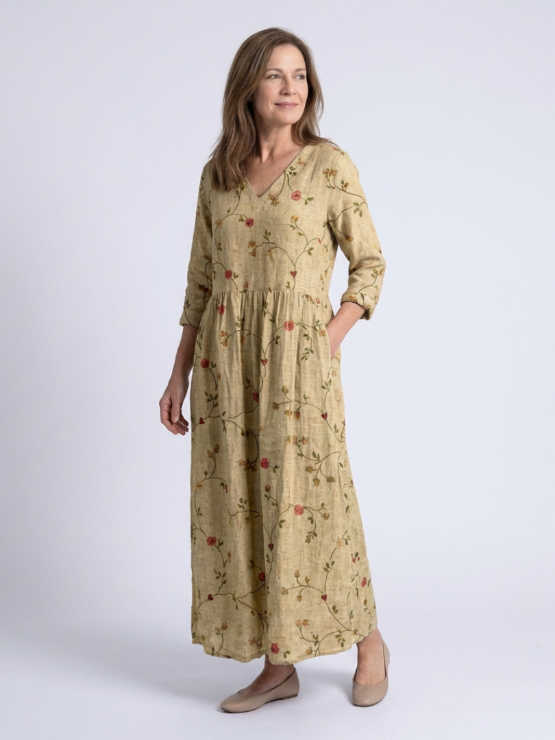 Neri - Robe Maxi à Manches Longues et Col V Floral