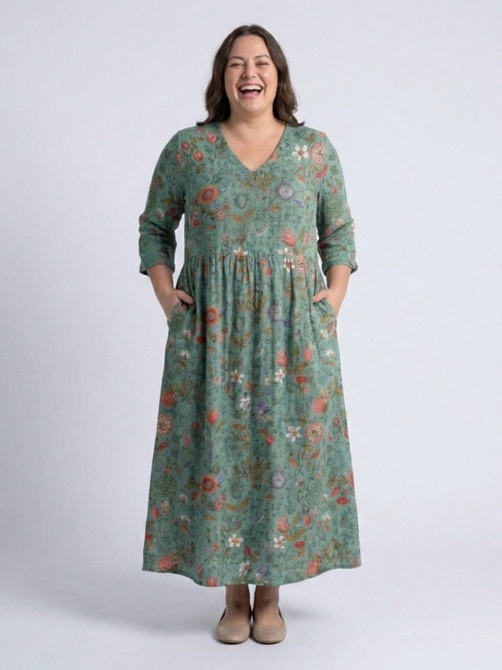 Neri - Robe Maxi à Manches Longues et Col V Floral