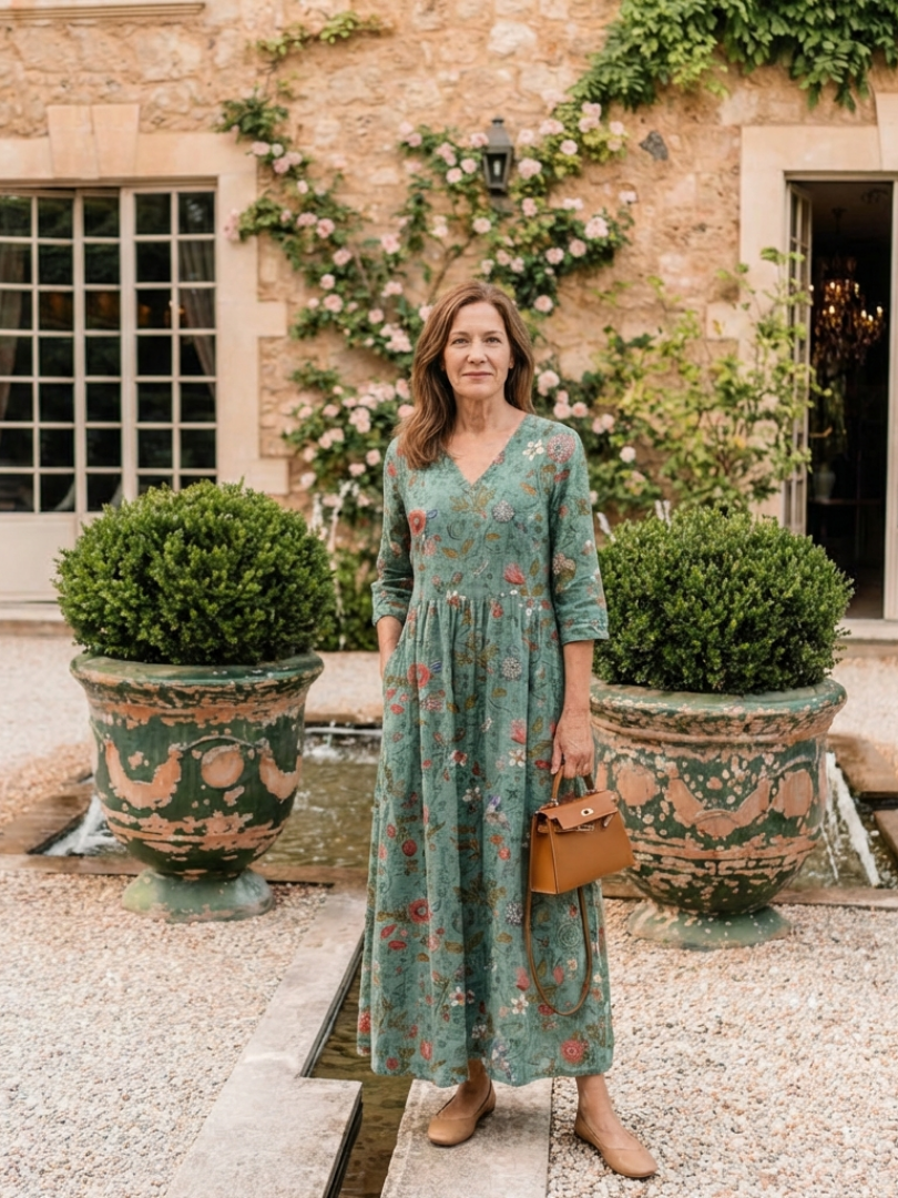 Neri - Robe Maxi à Manches Longues et Col V Floral