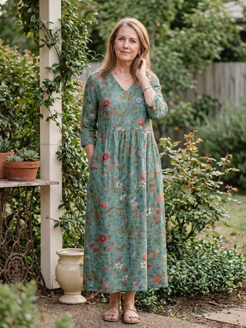 Neri - Robe Maxi à Manches Longues et Col V Floral